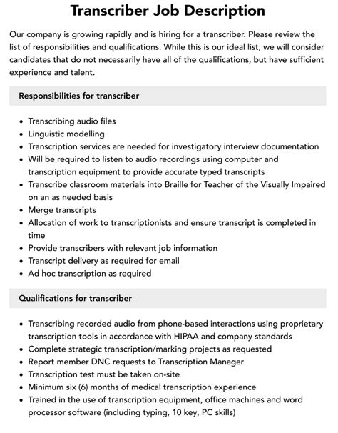 Image result for Transcriber Job Description