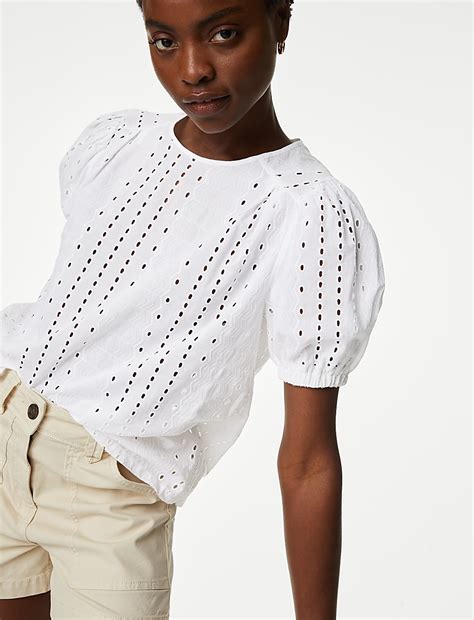 Buy Pure Cotton Broderie Puff Sleeve Blouse at Marks & Spencer