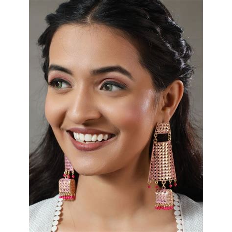 Buy Priyaasi Pink Heart Geometric Gold Plated Jhumka Earrings Online
