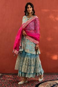 Buy Blue Organza, Chanderi, Printed Zari Round Floral Kurta Set For ...