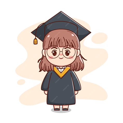 Happy graduation short hair girl with cap, gown and glasses cute kawaii ...