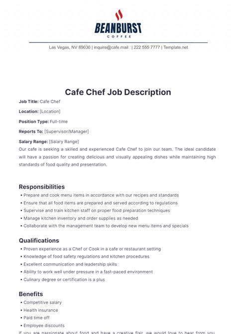 Free Cafe Chef Job Description Template to Edit Online