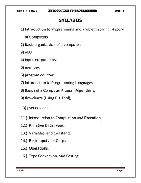 1 - FDFDFGSGSGS - SYLLABUS 1) Introduction to Programming and Problem ...