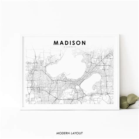 Madison WI Map Print, Wisconsin USA Map Art Poster, Monona Mendota City ...
