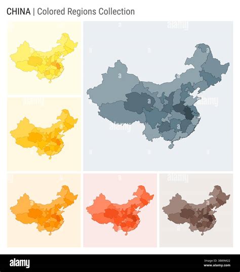 China map collection. Country shape with colored regions. Blue, Grey, Yellow, Amber, Orange ...