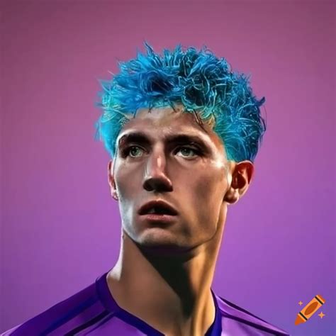 Spanish soccer player with blue hair in purple jersey on Craiyon