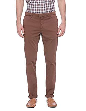 Buy BASICS Tapered Fit Carafe Brown Satin Stretch Trouser_42 at Amazon.in