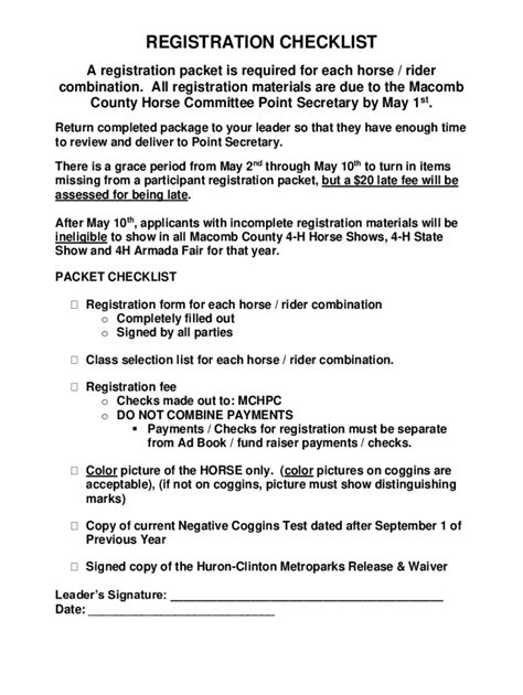 Fillable Online Macomb County 4-h Horse Shows Registration Checklist ...