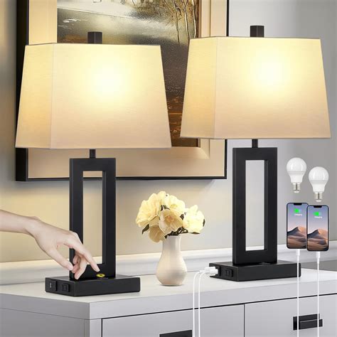 Cinkeda Table Lamp Set of 2 with USB C+A Ports & AC Outlet, Bedside ...