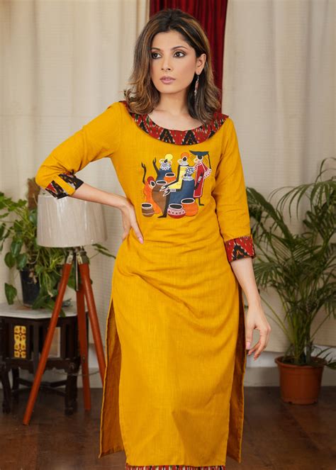 Designer Ikat Combination Cotton Straight cut Kurta With Hand Painted ...