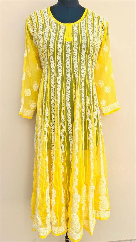Lucknowi Chikankari Anarkali Kurti Yellow Georgette – Chikirpolo