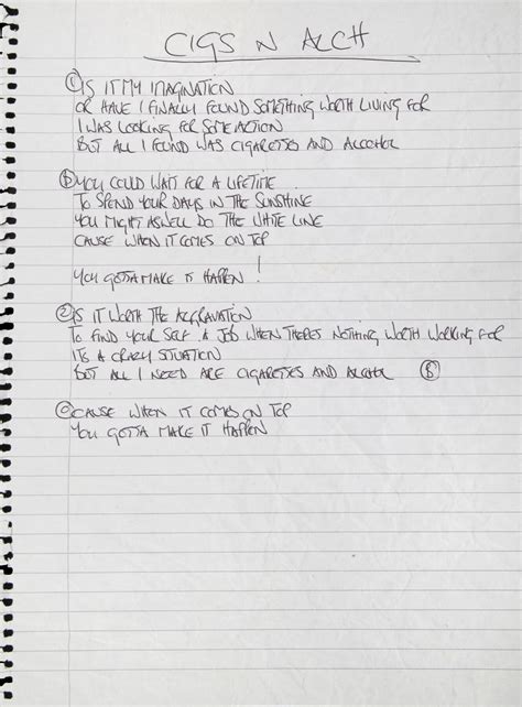 NOEL GALLAGHER HANDWRITTEN LYRICS TO CIGARETTES AND ALCOHOL