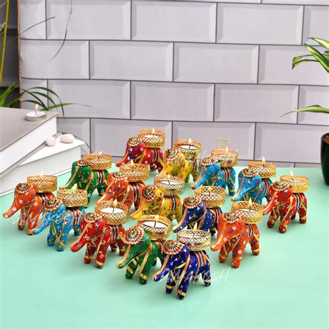Divyakosh Metal Diwali Multicolor Elephant Tea Light Holder, Set of 15 ...