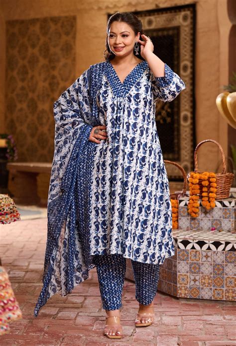 Plus Size Indigo Blue Jaipuri Kurta Set with Dupatta – DESINOOR.COM