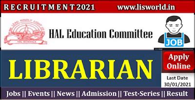 Recruitment for Librarian at HAL Education Committee Bangalore, Last ...