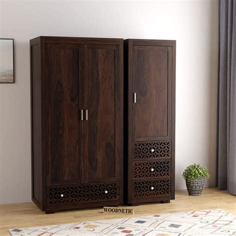 WOODNETIC Sheesham Wooden CNC Wardrobe for Clothes with 3 Door and 4 ...