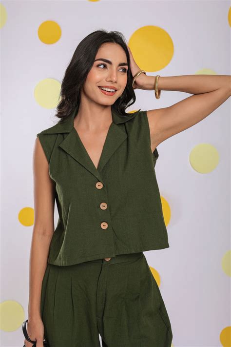 Olive Green Summer Relaxed Collared Waist Coat 100% Cotton Shirt ...