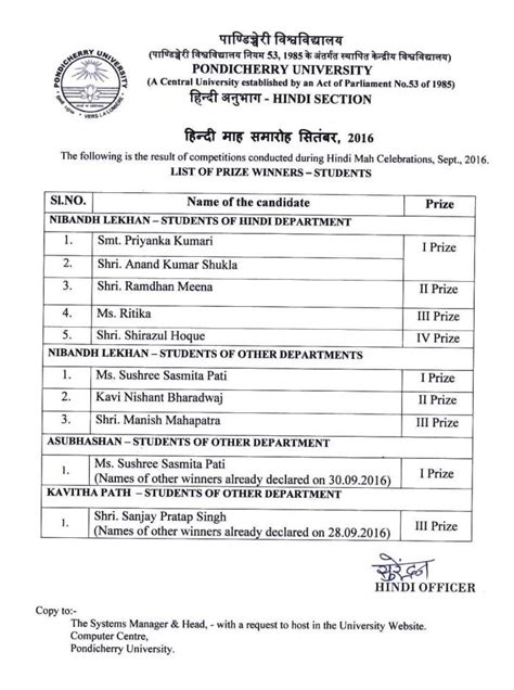 List of Prize winners - Students | Pondicherry University