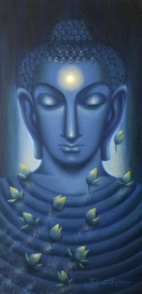 "Meditating Buddha I": Blue Oil Painting by Madhumita Bhattacharya ...