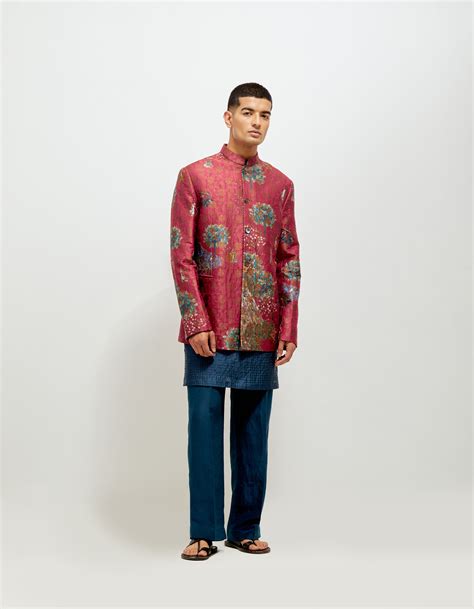 SD Golfer Bandhgala Red Silk Brocade – SUKETDHIR