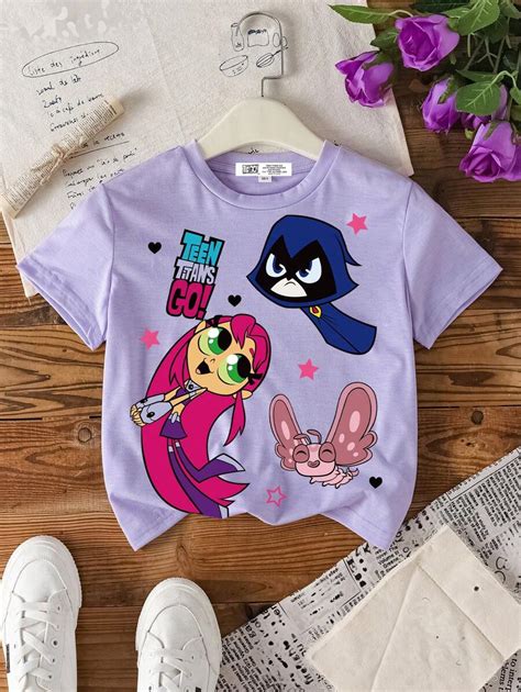 Teen Titans Go X SHEIN Tween Girl Casual Purple Crew Neck Cartoon ...