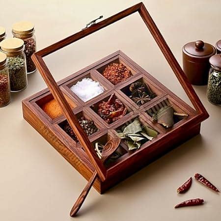 Buy THEHEARTWILL Sheesham Wooden Spice Box with 2 Spoons | Wooden ...