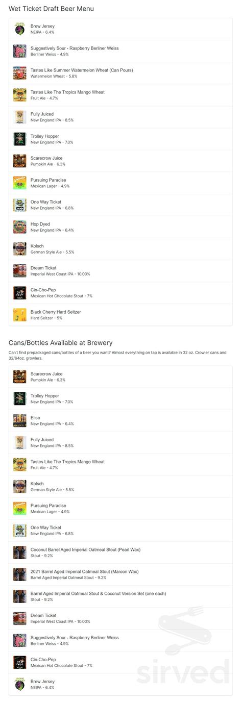 Wet Ticket Brewing menu in Rahway, New Jersey, USA