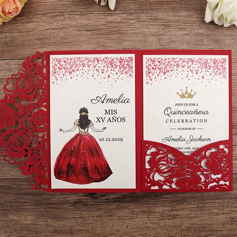 DORIS HOME 4.7x7 Inch 50PCS Blank Red Quinceanera Invitations Kit Laser ...