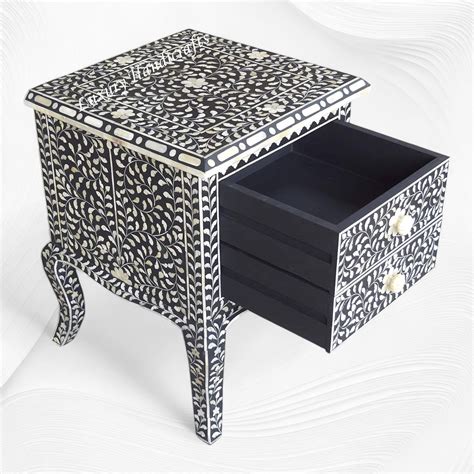 Black Bone Inlay Floral 2 Drawer Curved Leg Bedside – Luxury Handicrafts