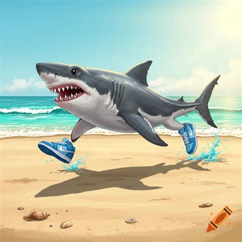 Cartoon illustration of a shark with blue shoes surfing a wave while ...