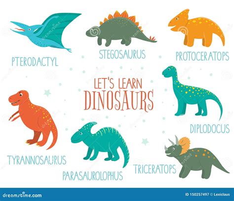 Sistema Del Vector De Dinosaurios Lindos Con Nombres Aislados En El ...