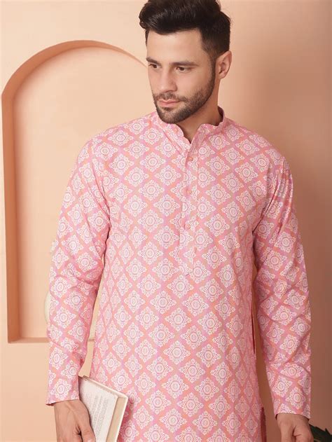 Men Peach and White Floral Printed Kurta with Churidar – Jompers