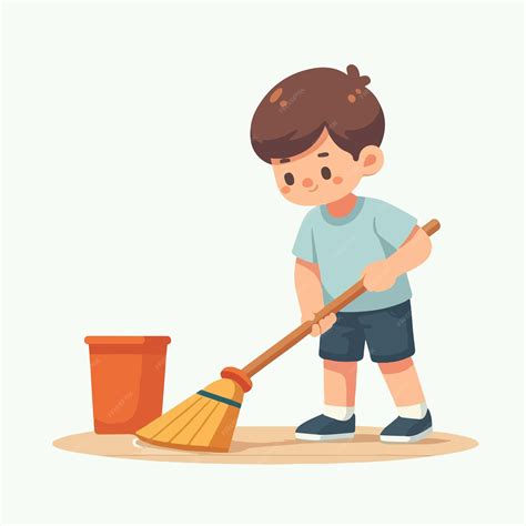 Cartoon boy sweeping the floor | Premium AI-generated vector