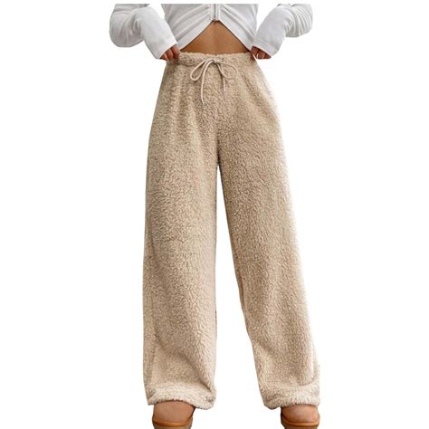 Women's High Waisted Fuzzy Pants Drawstring Cozy Wide Leg Casual Lounge ...