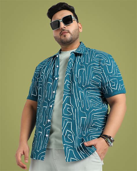Buy Men's Teal Blue Abstract Lines Printed Oversized Plus Size Shirt ...