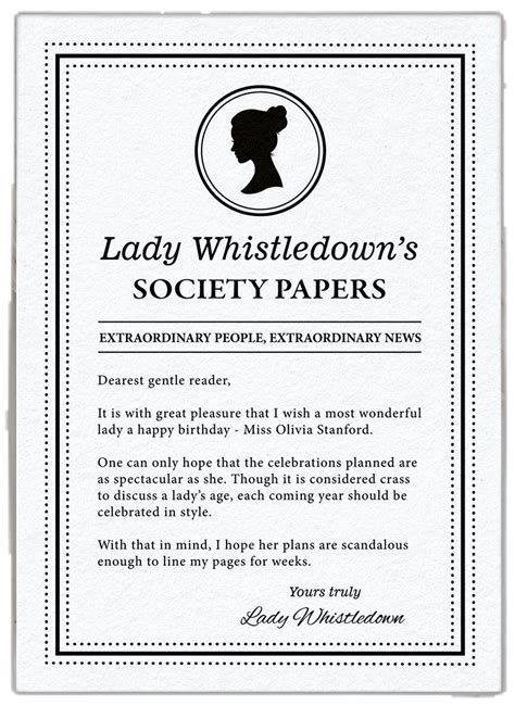 Birthday Lady Whistledown Announce Society Pg, 5 X 7, Dearest Gentle Reader, Black White, Round ...
