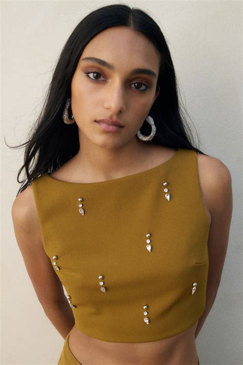 Embellished cropped top - Khaki green - Ladies | H&M IN