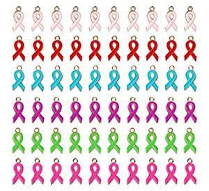 60 Pcs Breast Cancer Prevention Propaganda Ribbon Charm Ribbon Pendant ...