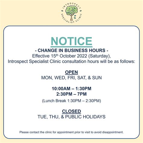 Change in Business Hours – Introspect Specialist Clinic