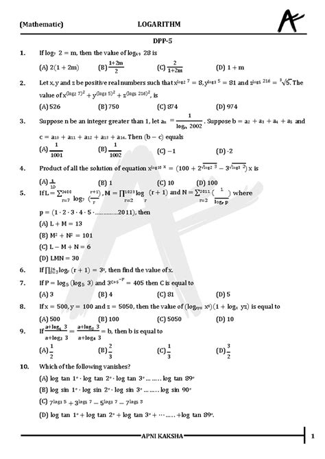 DPP - 05 Logarithm - (Mathematic) LOGARITHM APNI KAKSHA 1 5 5 r= DPP- 5 ...
