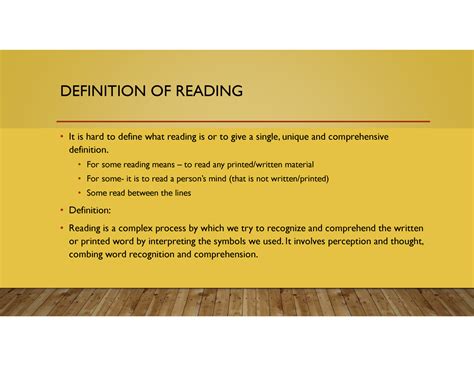 Reading skills - DEFINITION OF READING • It is hard to define what ...