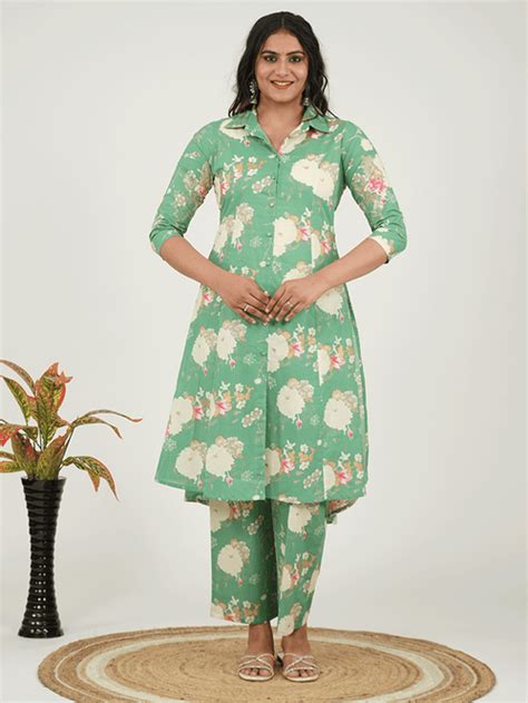 Buy Linen Cotton Floral High Low Green Kurta TP8585T | Aramya