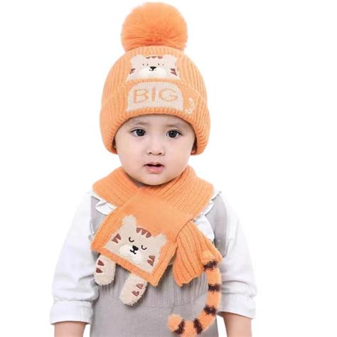 Orange Tiger woven Stretchable Woolen Winter Cap for Kids with Matching ...