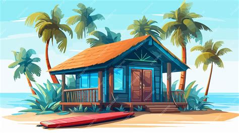 Premium Vector | A drawing of a beach house with a red surfboard in the ...
