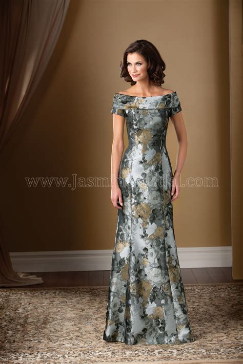 K178016 Long Portrait Neckline Floral Jacquard MOB Dress