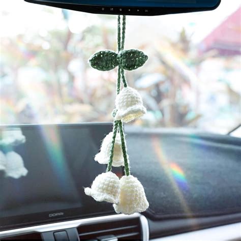 FKECVIS Car Mirror Hanging Accessories, Cute Car Accessories for Women, Bell flower Hand Knitted ...