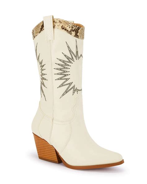 Coutgo Womens Western Cowboy Knee High Boots Wide Calf Chunky Stack ...