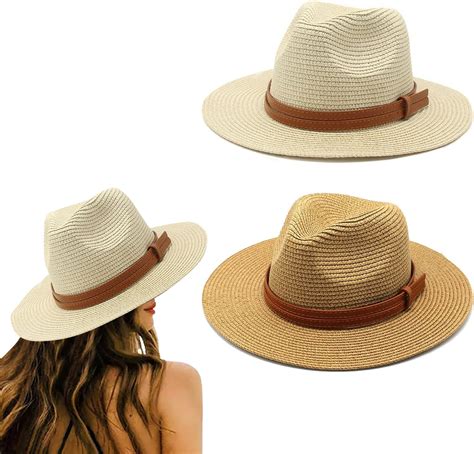 Suuwwn Womens Floppy Wide Brim Straw Hat,2 Pcs Foldable Straw Hat UV ...