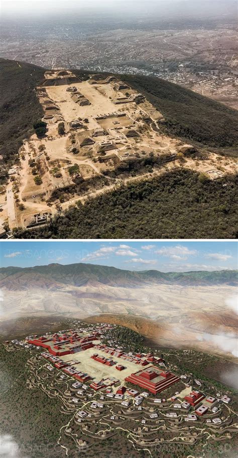 An aerial view of Monte Albán in Mexico, and a reconstruction of the city as it may have ...