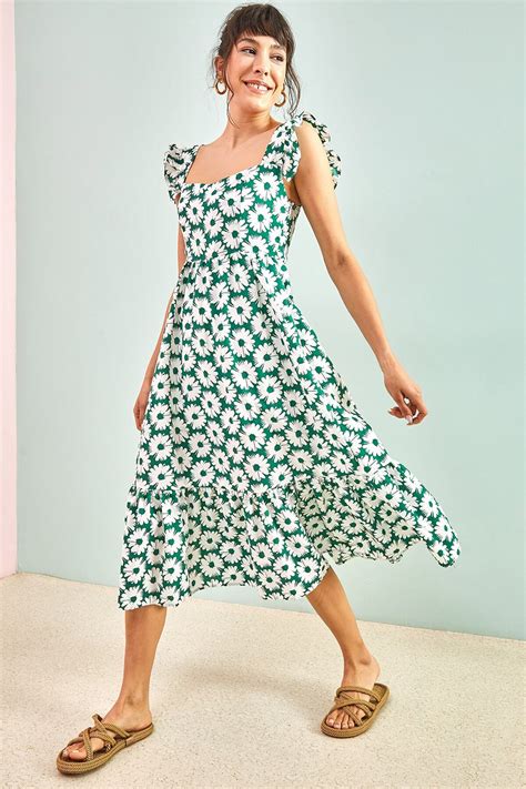 Yeşil Çiçek Desenli Kare Yaka Astarlı Midi Elbise - Bianco Lucci ...